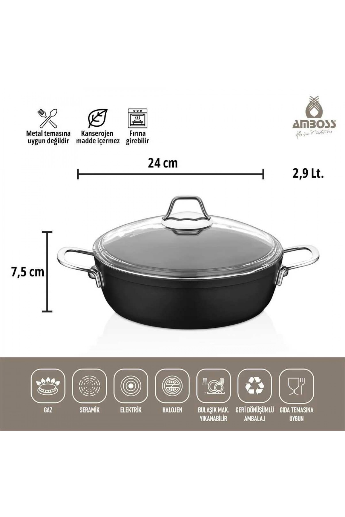 Amboss Dark Basık Tencere  Cam Kapaklı Yanmaz Yapışmaz Titanyum Kaplama   - 24 cm