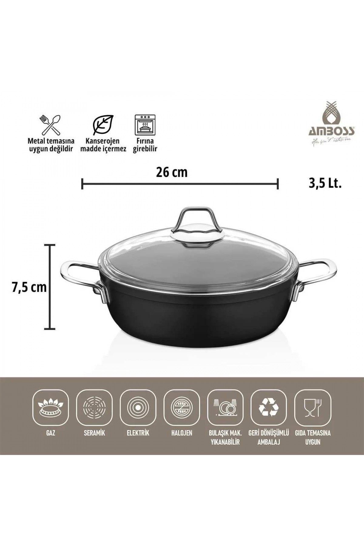 Amboss Dark Basık Tencere  Cam Kapaklı Yanmaz Yapışmaz Titanyum Kaplama   - 26 cm