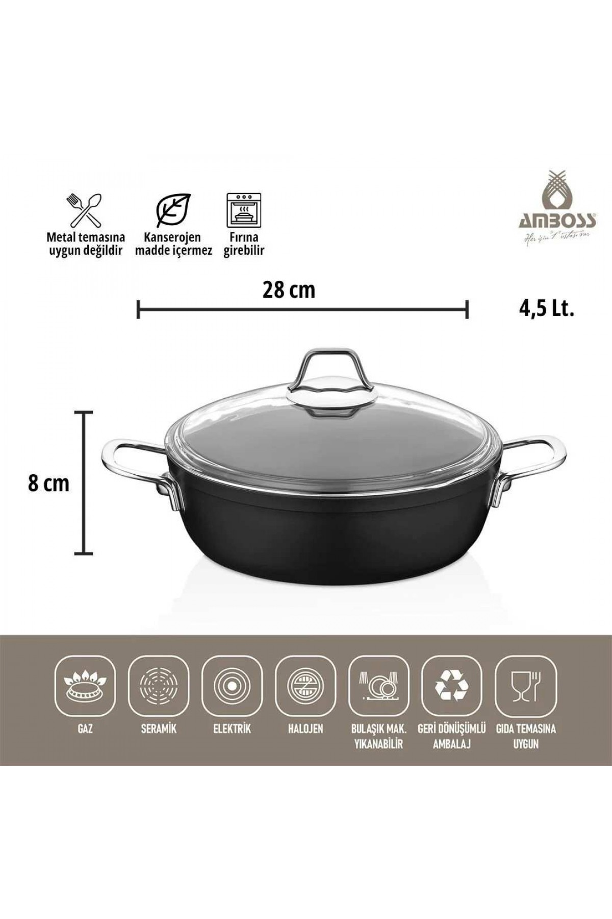 Amboss Dark Basık Tencere  Cam Kapaklı Yanmaz Yapışmaz Titanyum Kaplama   - 28 cm