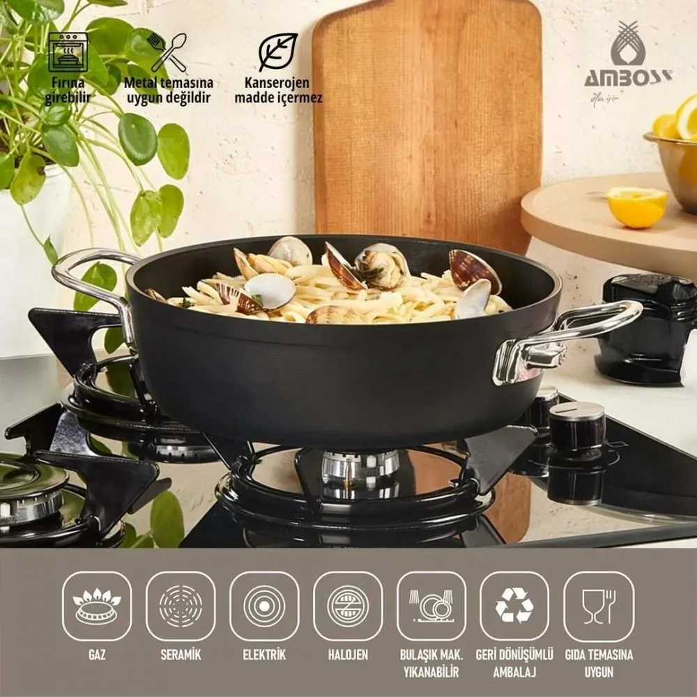Amboss Dark Basık Tencere  Cam Kapaklı Yanmaz Yapışmaz Titanyum Kaplama   - 30 cm