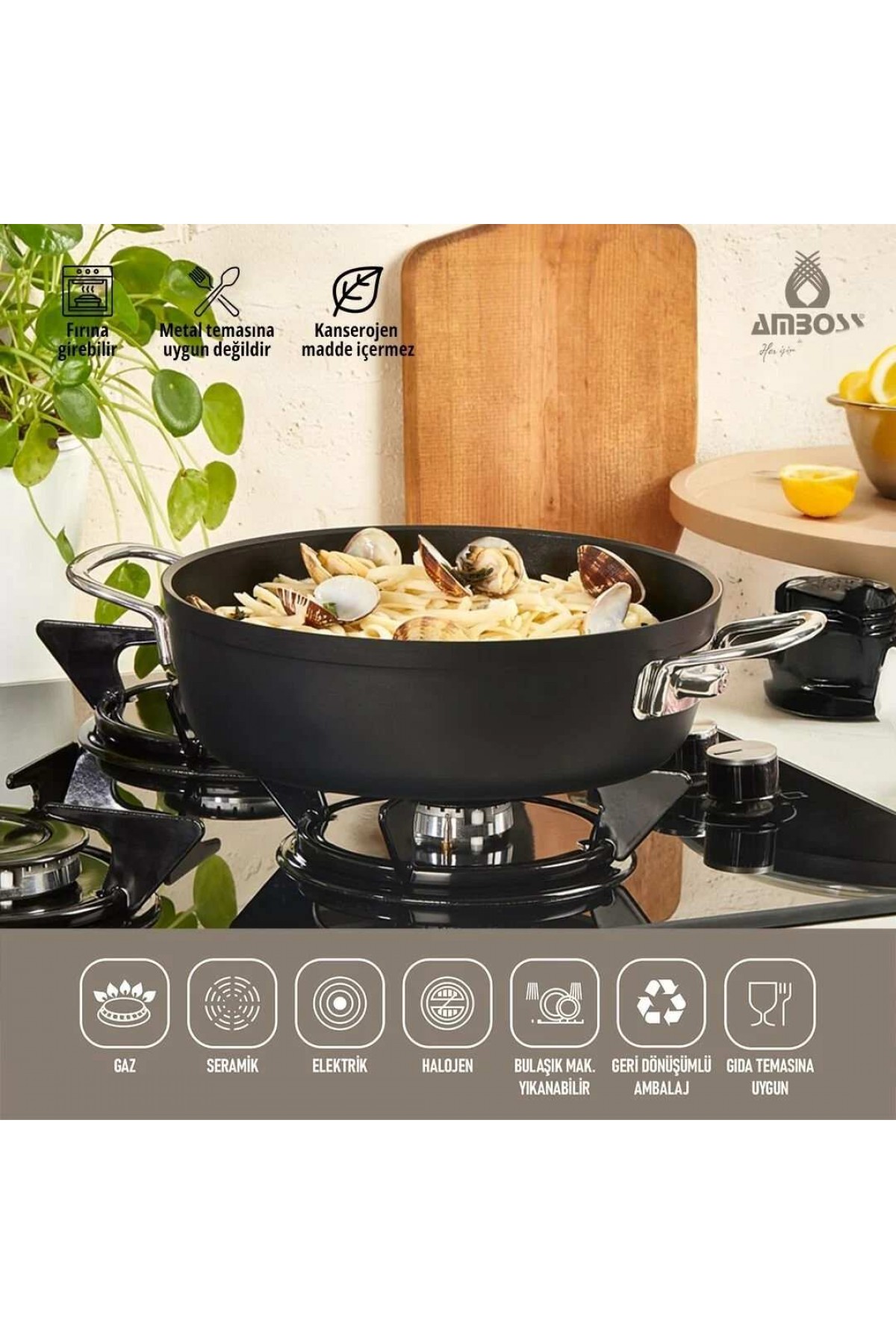 Amboss Dark Basık Tencere  Cam Kapaklı Yanmaz Yapışmaz Titanyum Kaplama   - 30 cm