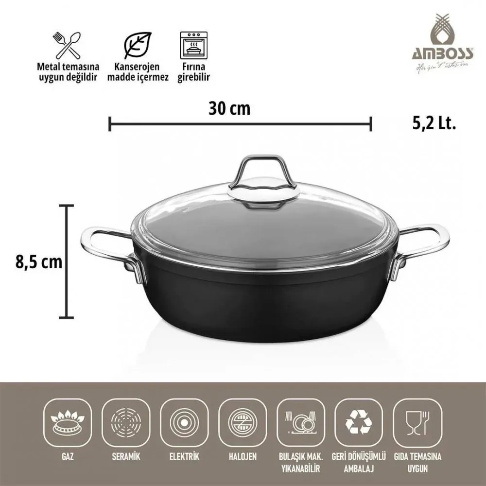 Amboss Dark Basık Tencere  Cam Kapaklı Yanmaz Yapışmaz Titanyum Kaplama   - 30 cm