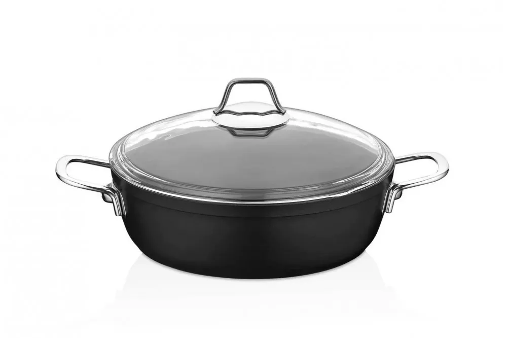 Amboss Dark Basık Tencere  Cam Kapaklı Yanmaz Yapışmaz Titanyum Kaplama   - 30 cm