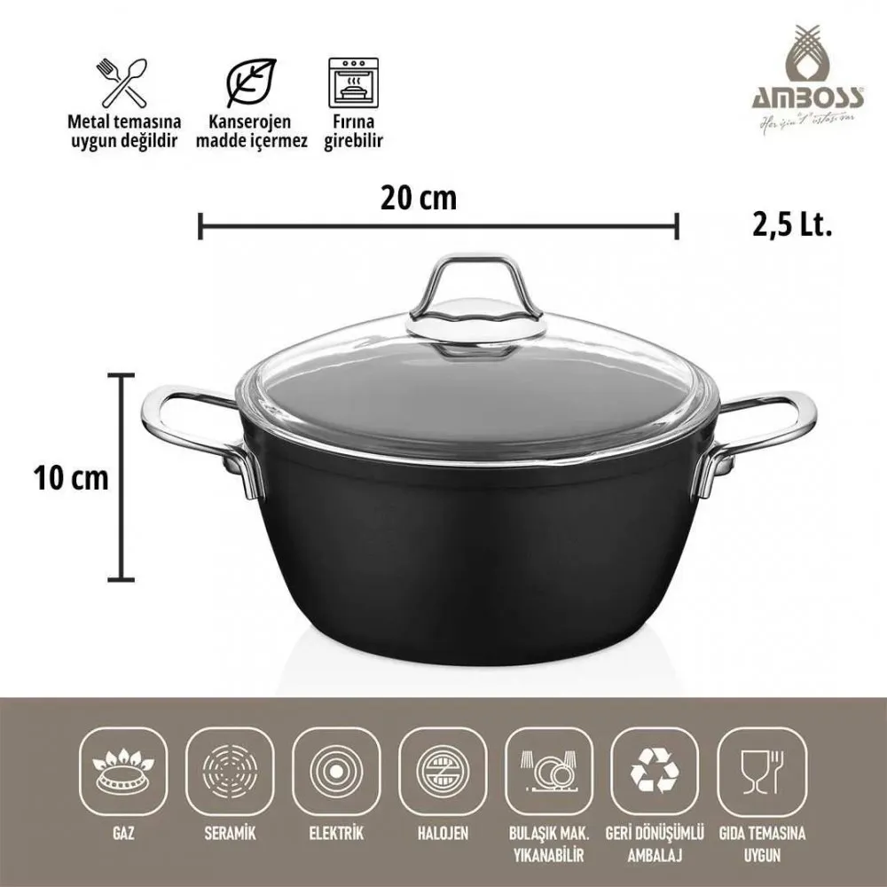 Amboss Dark Derin Tencere  Cam Kapaklı Yanmaz Yapışmaz Titanyum Kaplama   - 20 cm