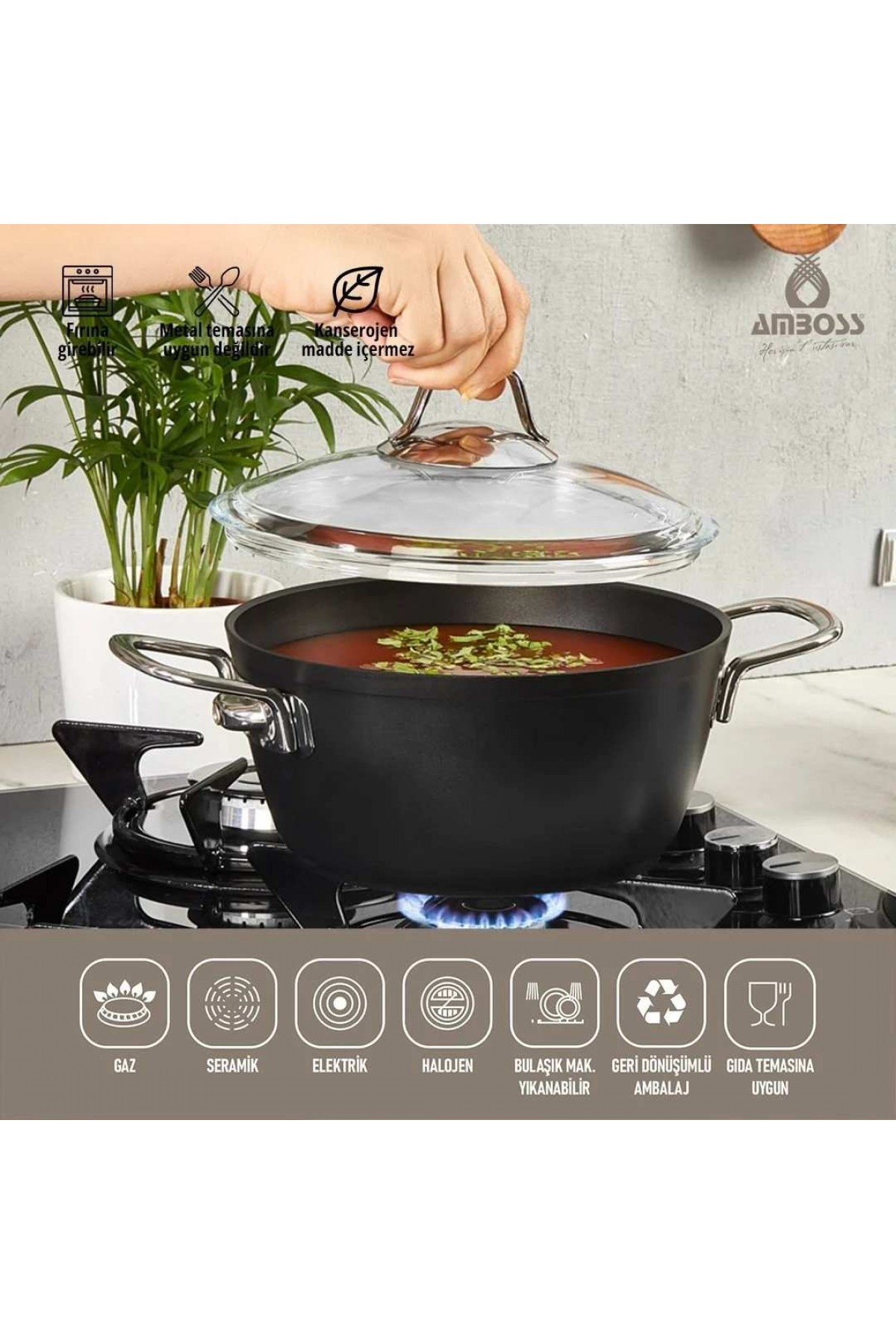 Amboss Dark Derin Tencere  Cam Kapaklı Yanmaz Yapışmaz Titanyum Kaplama   - 24 cm