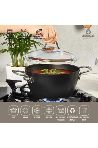 Amboss Dark Derin Tencere  Cam Kapaklı Yanmaz Yapışmaz Titanyum Kaplama   - 24 cm