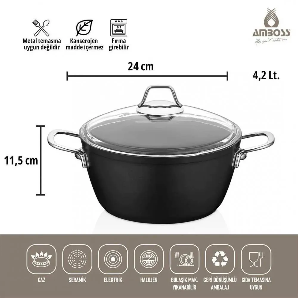 Amboss Dark Derin Tencere  Cam Kapaklı Yanmaz Yapışmaz Titanyum Kaplama   - 24 cm
