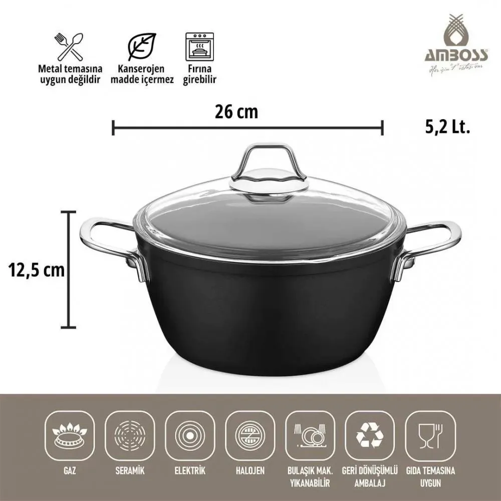 Amboss Dark Derin Tencere  Cam Kapaklı Yanmaz Yapışmaz Titanyum Kaplama   - 26 cm