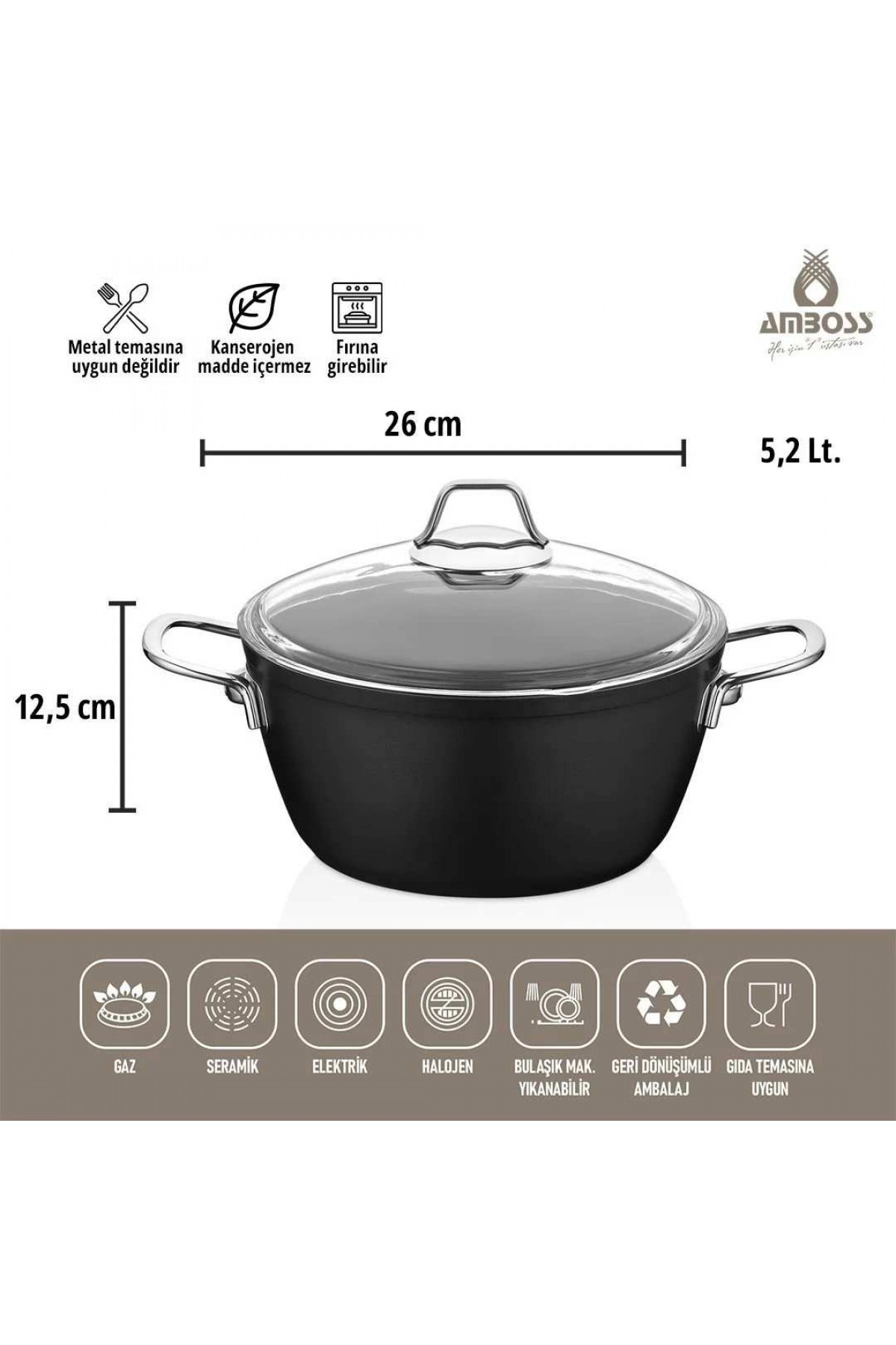 Amboss Dark Derin Tencere  Cam Kapaklı Yanmaz Yapışmaz Titanyum Kaplama   - 26 cm
