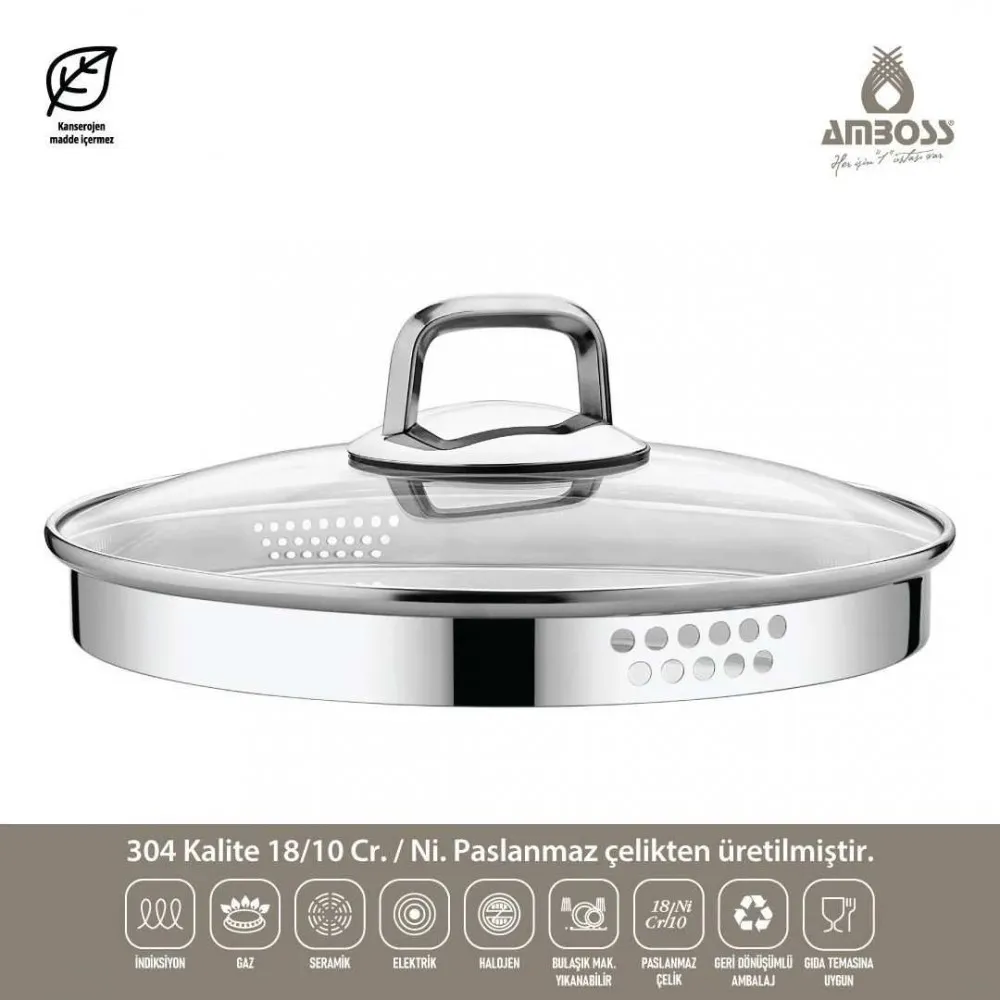 Amboss Diamond Strainer Paslanmaz Çelik Çelik Kuplu Tencere Seti 8 Parça Cam Kapaklı
