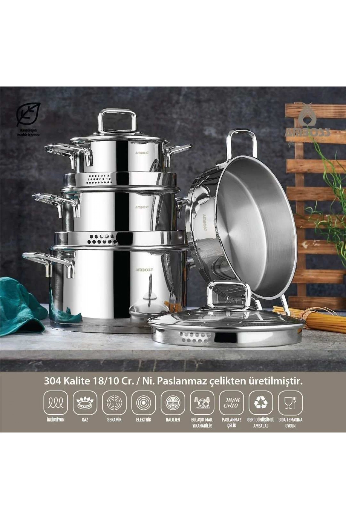 Amboss Diamond Strainer Paslanmaz Çelik Çelik Kuplu Tencere Seti 8 Parça Cam Kapaklı
