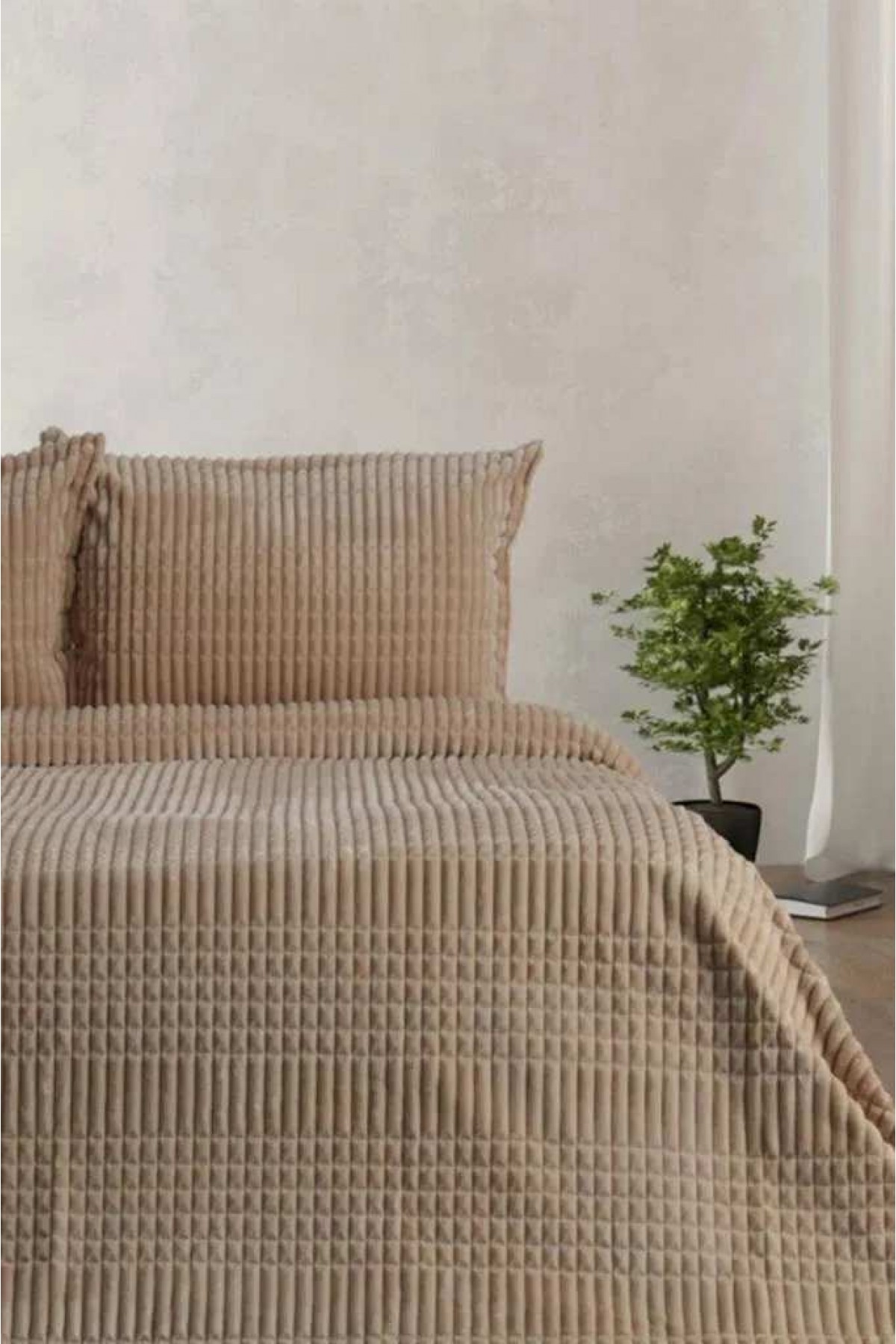 MERİNOS MODERN LİNE YASTIK KILIFLI BATTANİYE SETİ ÇİFT KİŞİLİK KAPİÇİNO