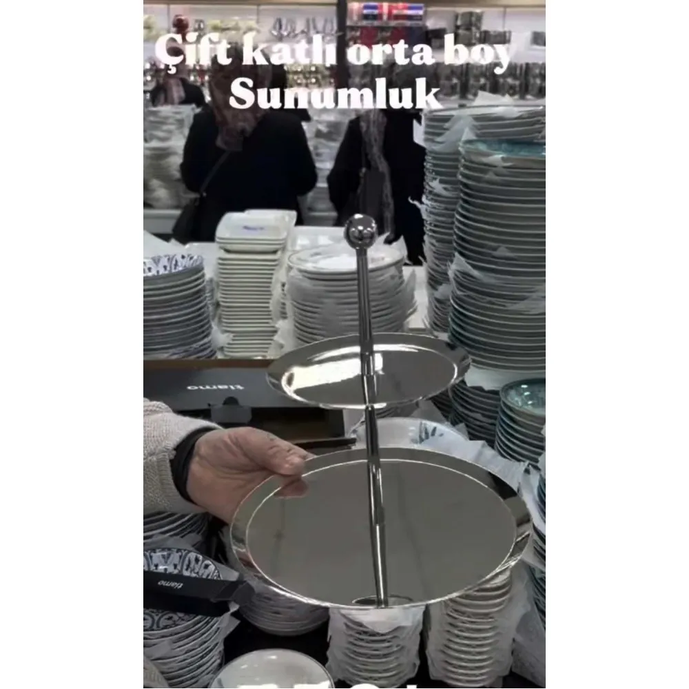TİAMO PASLANMAZ MEDİUM ORTA BOY 2 KATLI SUNUMLUK GÜMÜŞ