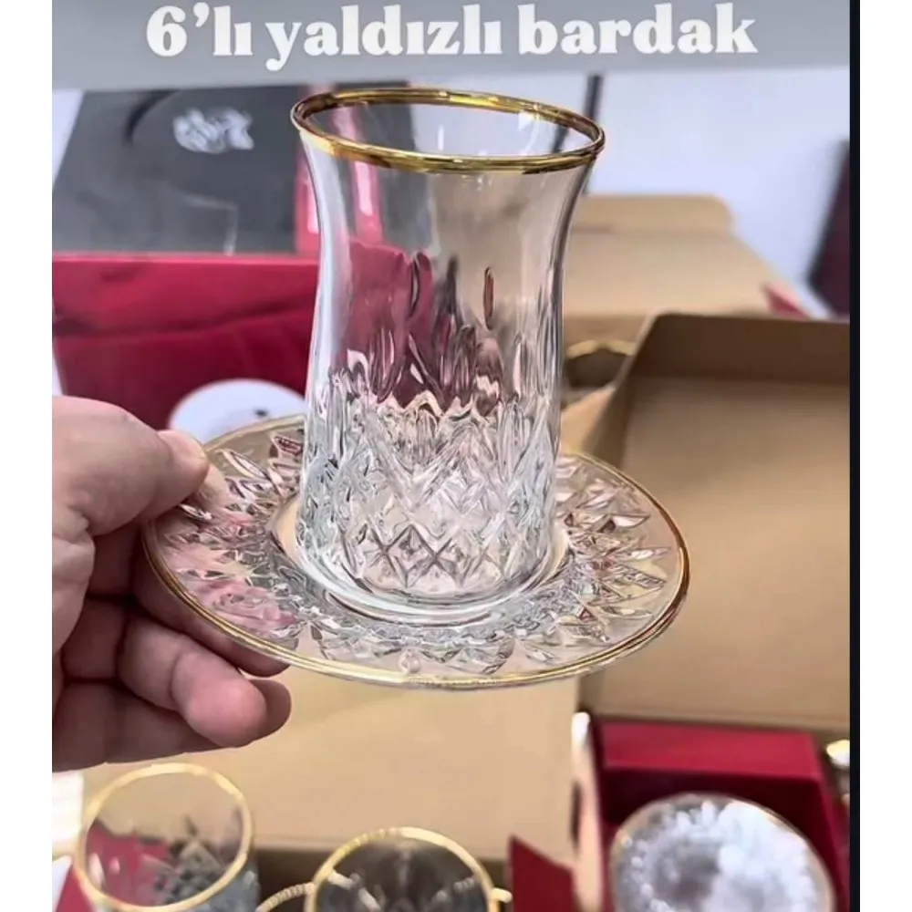 ŞAHİKA 6 adet 12 parça kristal altın yaldızlı çay bardağı