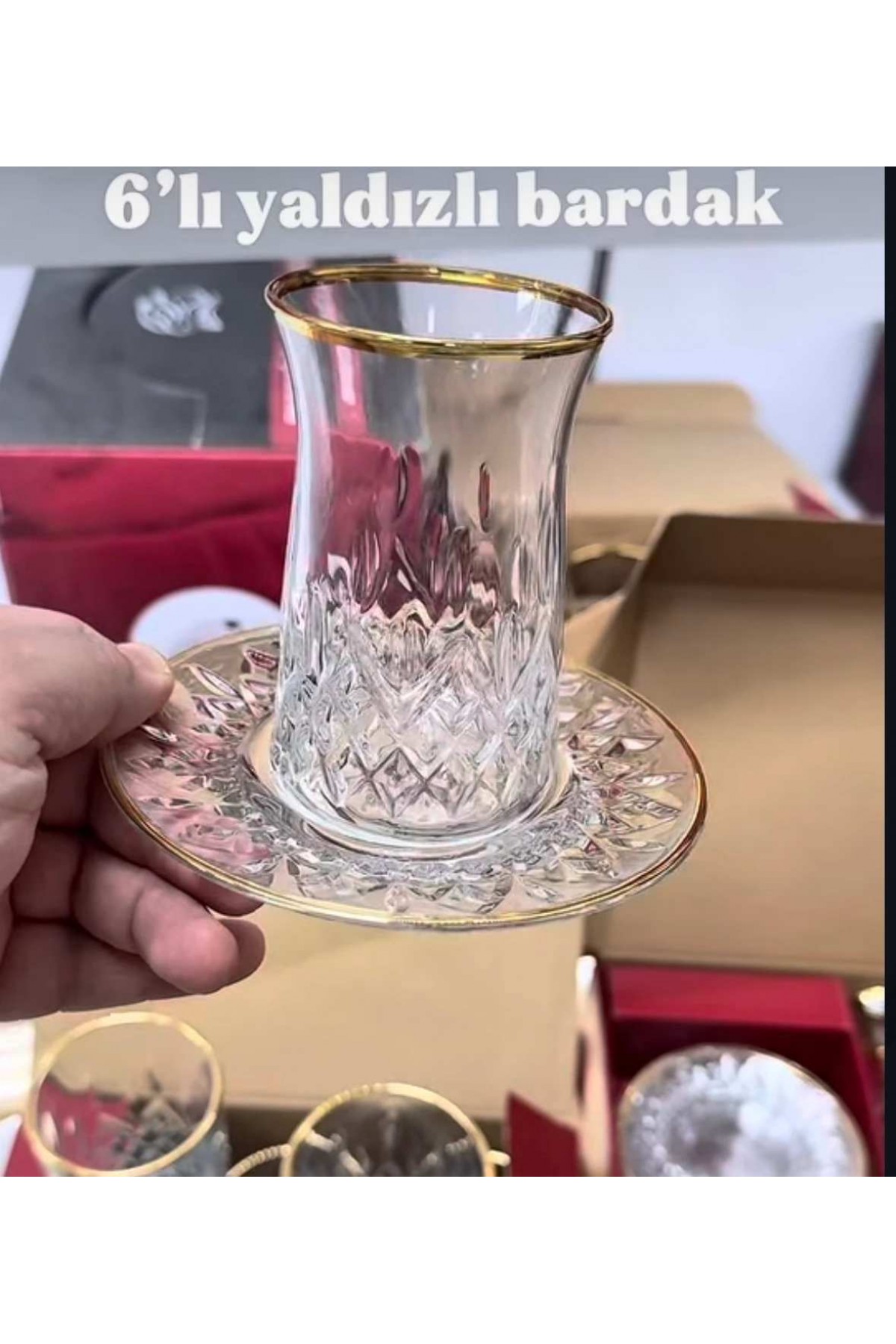 ŞAHİKA 6 adet 12 parça kristal altın yaldızlı çay bardağı